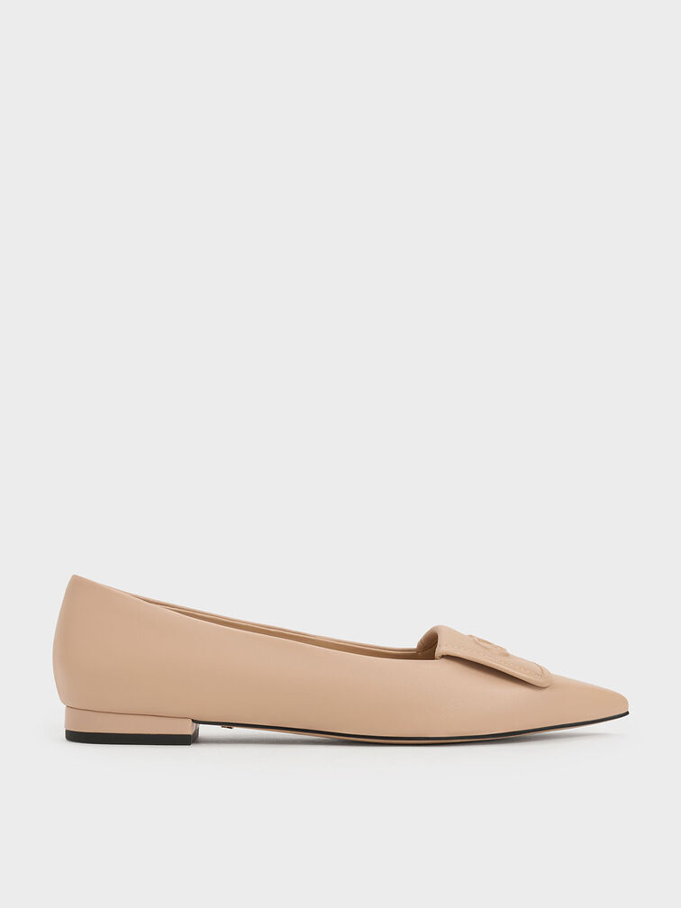 Leather Pointed-Toe Flats, Nude, hi-res