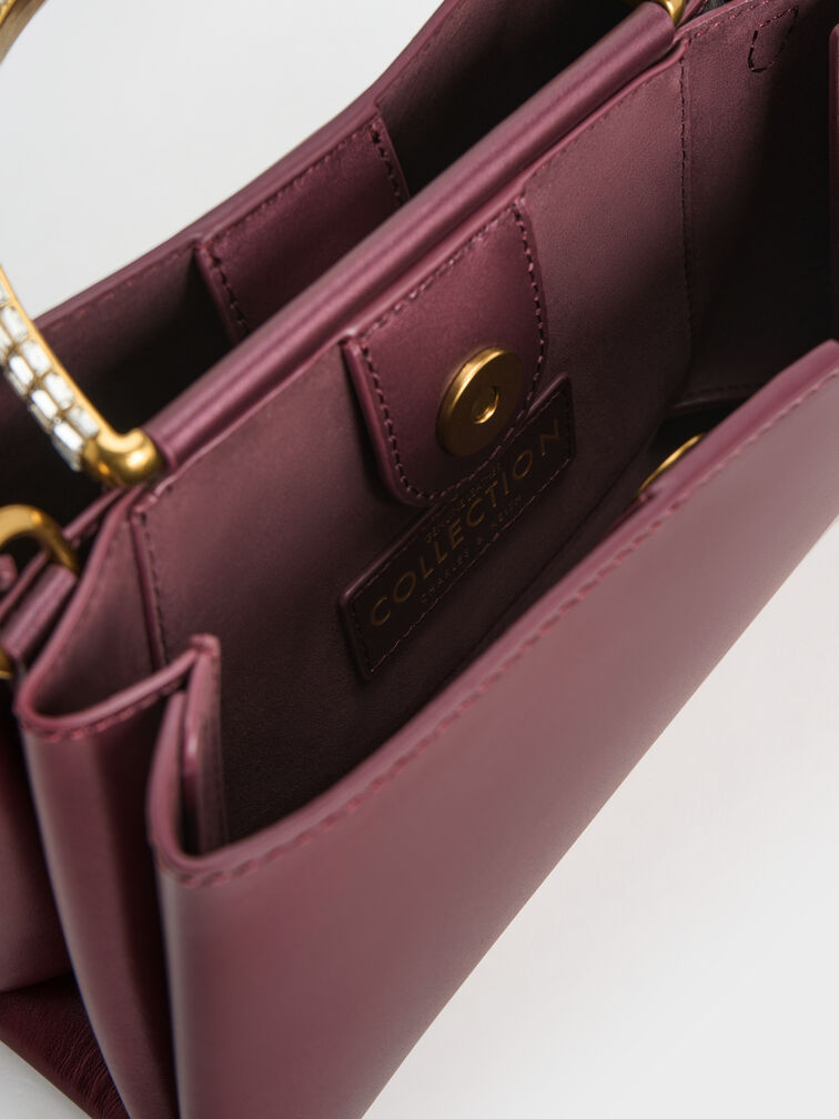 Leather Gem-Embellished Top Handle Bag, Prune, hi-res