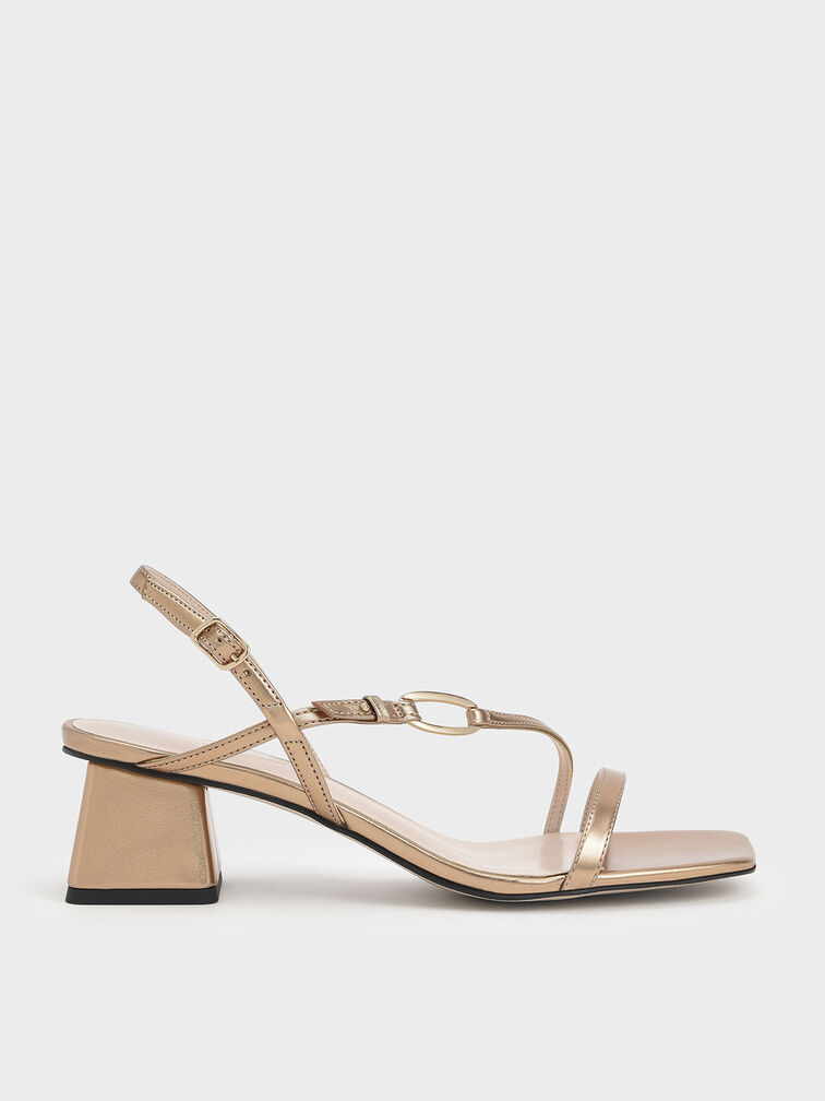 Metallic Accent Strappy Block Heel Sandals, Gold, hi-res