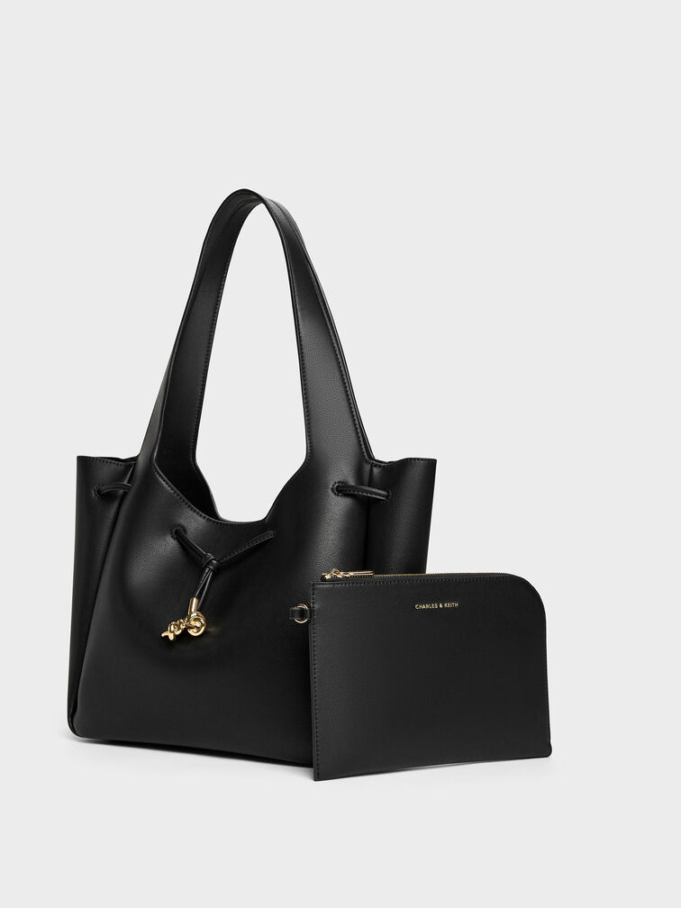 Mila Metallic-Knot Drawstring Tote Bag, Black, hi-res