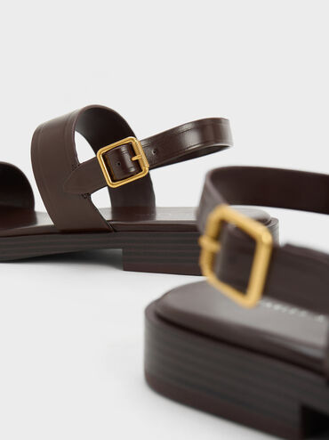 Buckled Double Strap Sandals, Dark Brown, hi-res