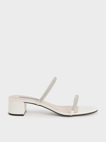 Gem-Encrusted Strappy Heeled Mules, Cream, hi-res