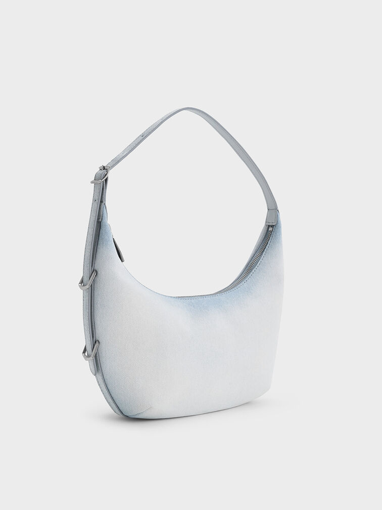 Bryna Denim Curved Hobo Bag, Light Washed Denim, hi-res