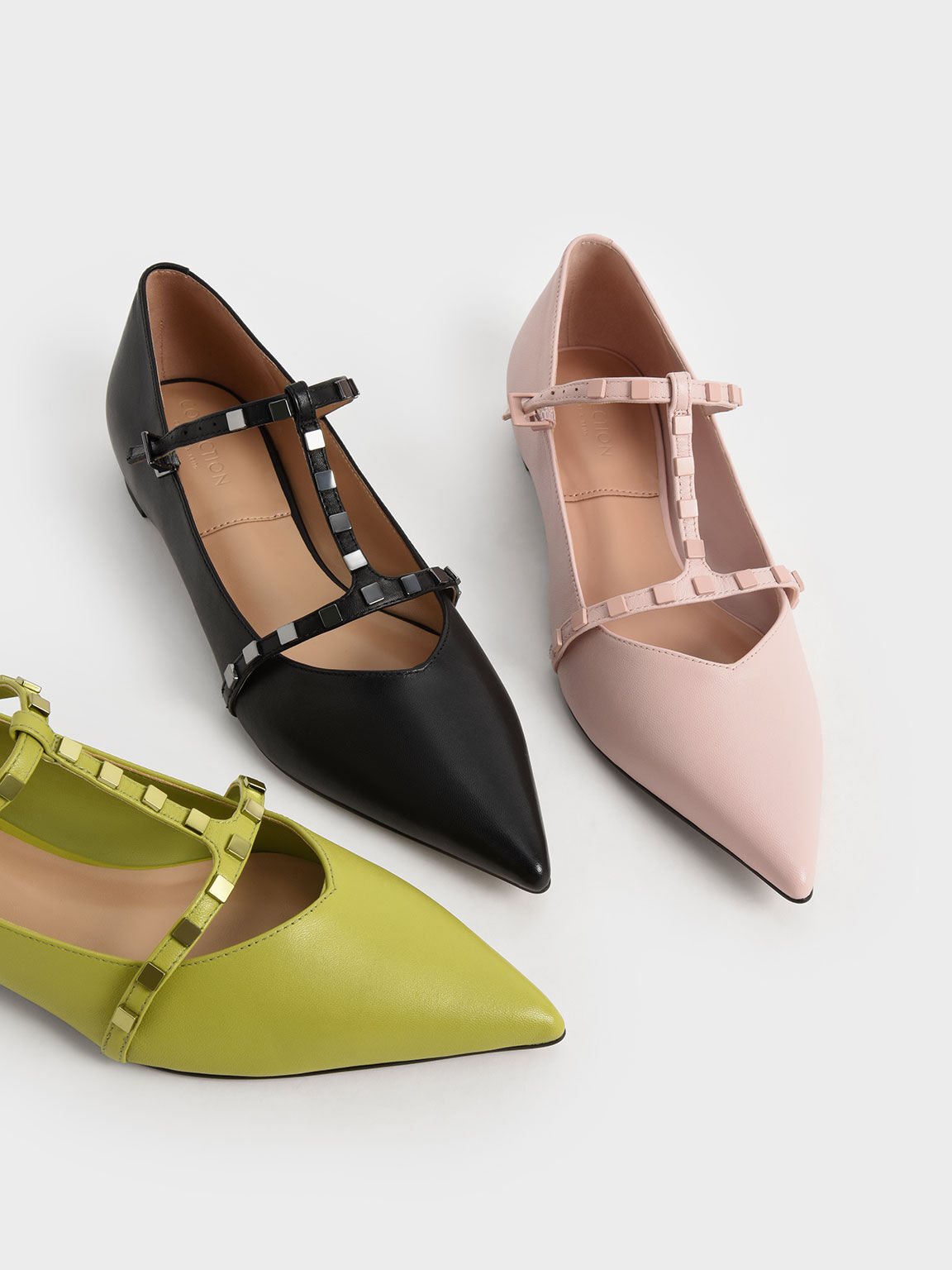 Green Leather Embellished Strappy Ballerina Flats CHARLES KEITH IN