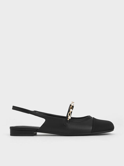 Beaded Chain-Link Slingback Flats, Black, hi-res