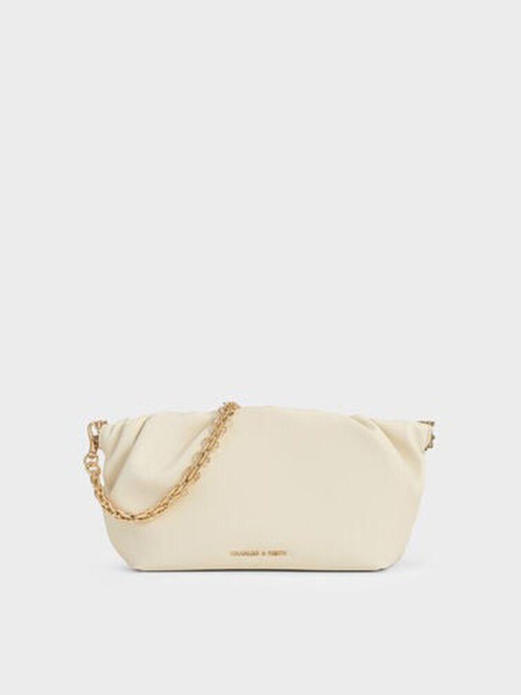 Brigette Ruched Chain-Handle Clutch, Cream, hi-res