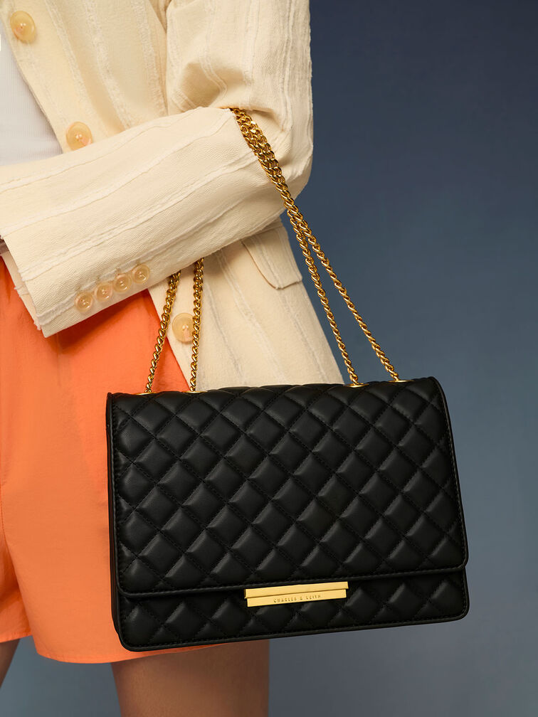 Double Chain Handle Quilted Bag, Black, hi-res