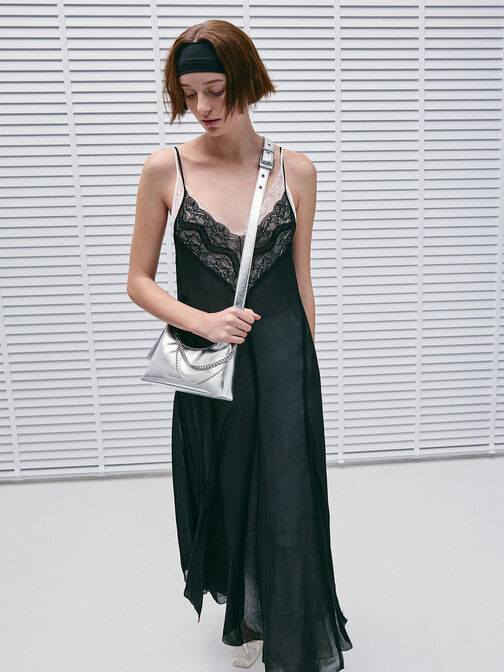 Atwood Crinkle-Effect Chain-Embellished Hobo Bag, Silver, hi-res