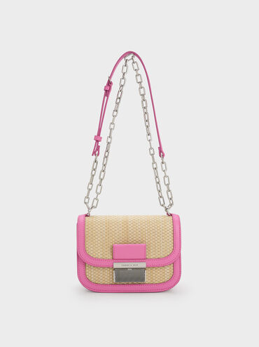 Charlot Raffia Chain Strap Bag, Pink, hi-res