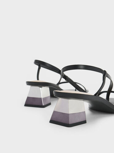 Metallic Trapeze Heel Thong Sandals, Black, hi-res