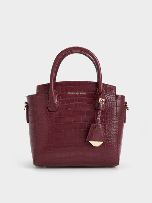 Croc-Effect Trapeze Structured Tote Bag, Burgundy, hi-res