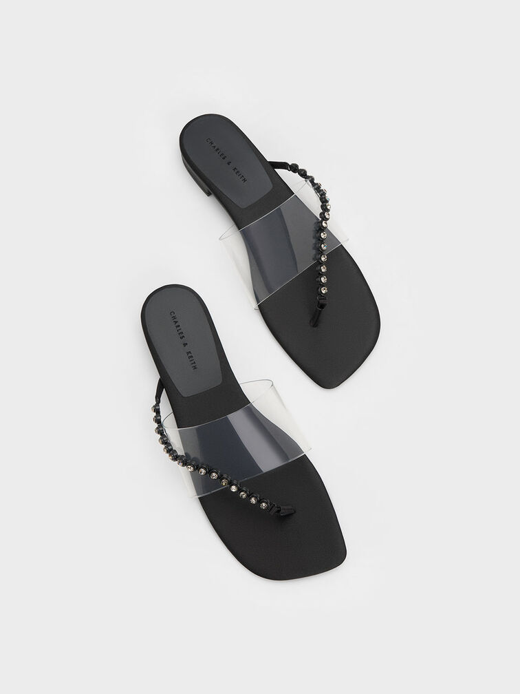 Recycled Polyester Gem-Strap Thong Sandals, Black, hi-res