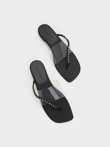 Recycled Polyester Gem-Strap Thong Sandals, Black, hi-res