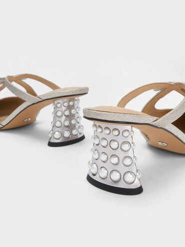 Jacinda Beaded Heel Glittered Bow Mules, Silver, hi-res
