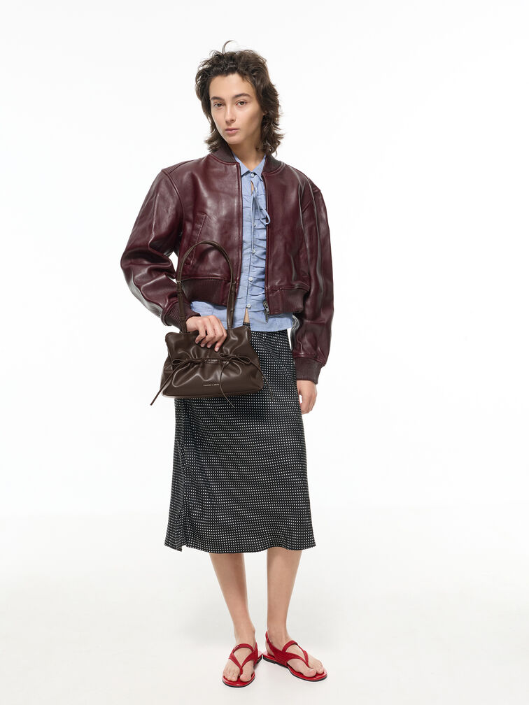 Reese Ruched Bow Shoulder Bag, Espresso Brown, hi-res