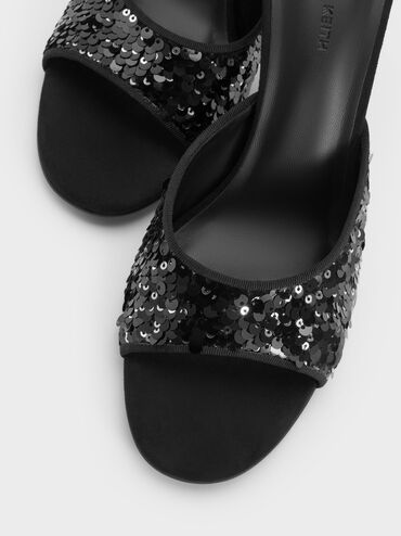 Sequinned Stiletto-Heel Mules, Black Textured, hi-res