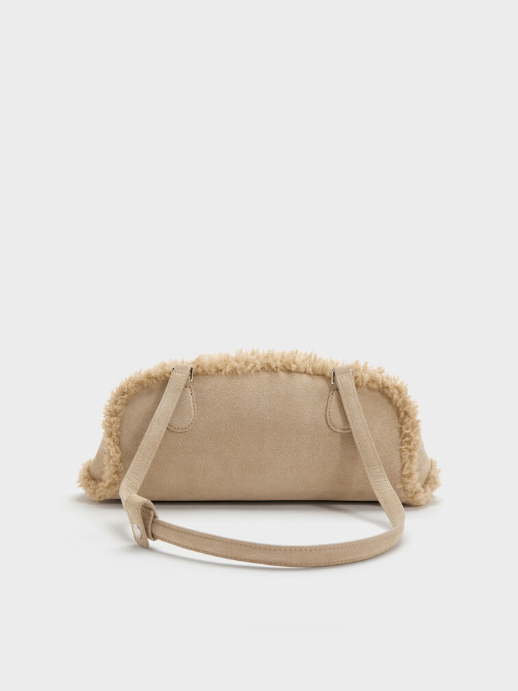 Nelly Recycled Suede & Faux Shearling Elongated Shoulder Bag, Nutmeg Beige, hi-res