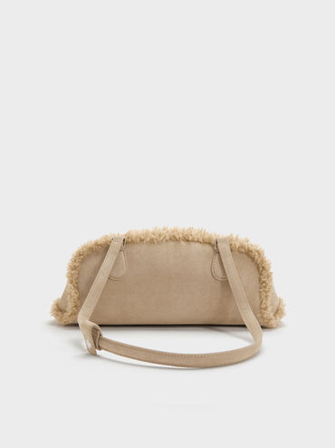 Nelly Recycled Suede & Faux Shearling Elongated Shoulder Bag, Nutmeg Beige, hi-res