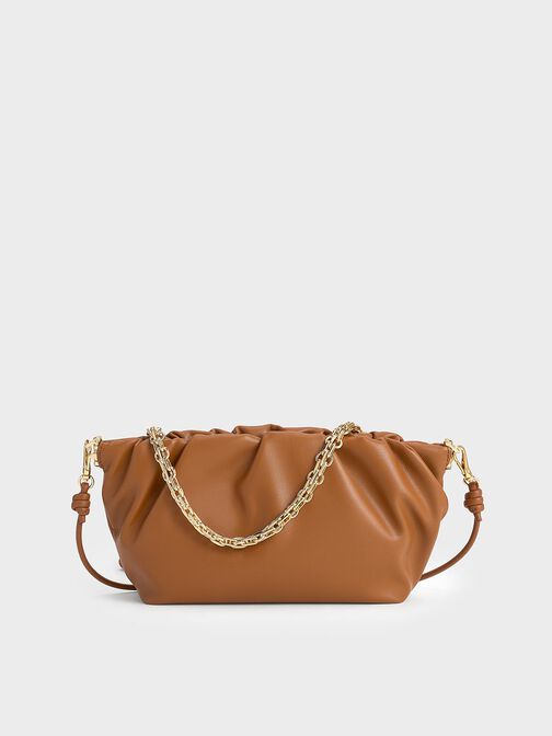 Brigette Ruched Chain-Handle Clutch, Brown, hi-res