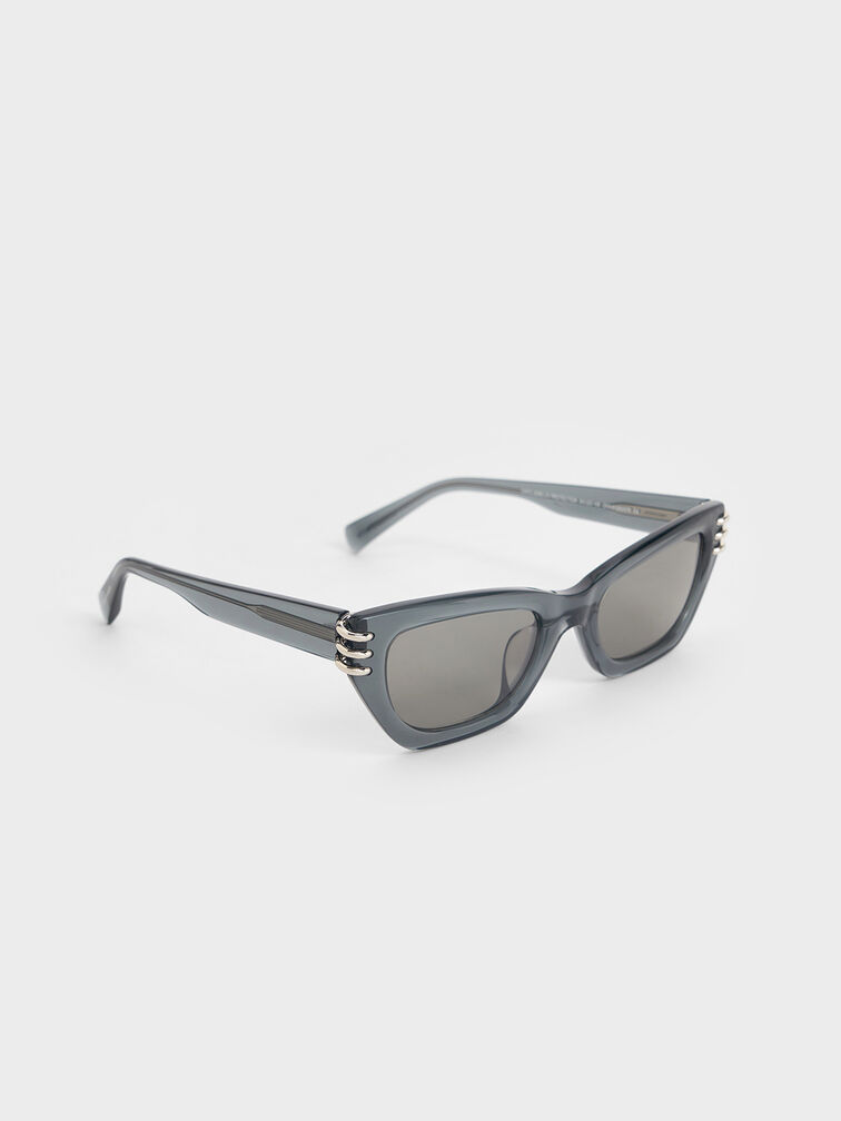 Recycled Acetate Metallic-Accent Angular Cat-Eye Sunglasses, Navy, hi-res
