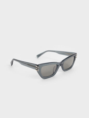 Recycled Acetate Metallic-Accent Angular Cat-Eye Sunglasses, Navy, hi-res