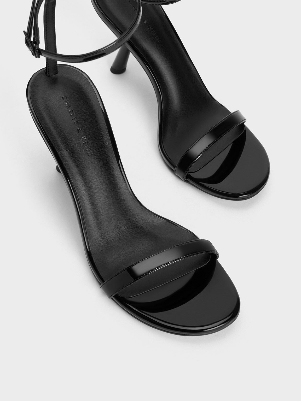 Black patent shop sandal heels