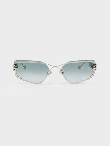 Metallic-Rimmed Geometric Sunglasses, Black, hi-res