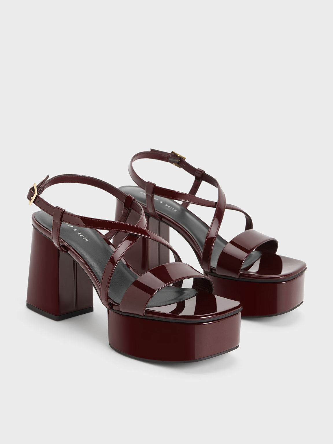 Patent Crossover Strap Platform Sandals Burgundy