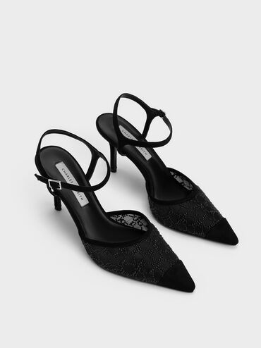 Beaded Mesh Ankle Strap Pumps, Black, hi-res