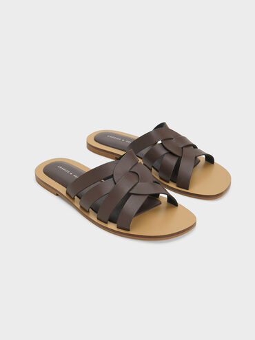 Interwoven Slide Sandals, Brown, hi-res