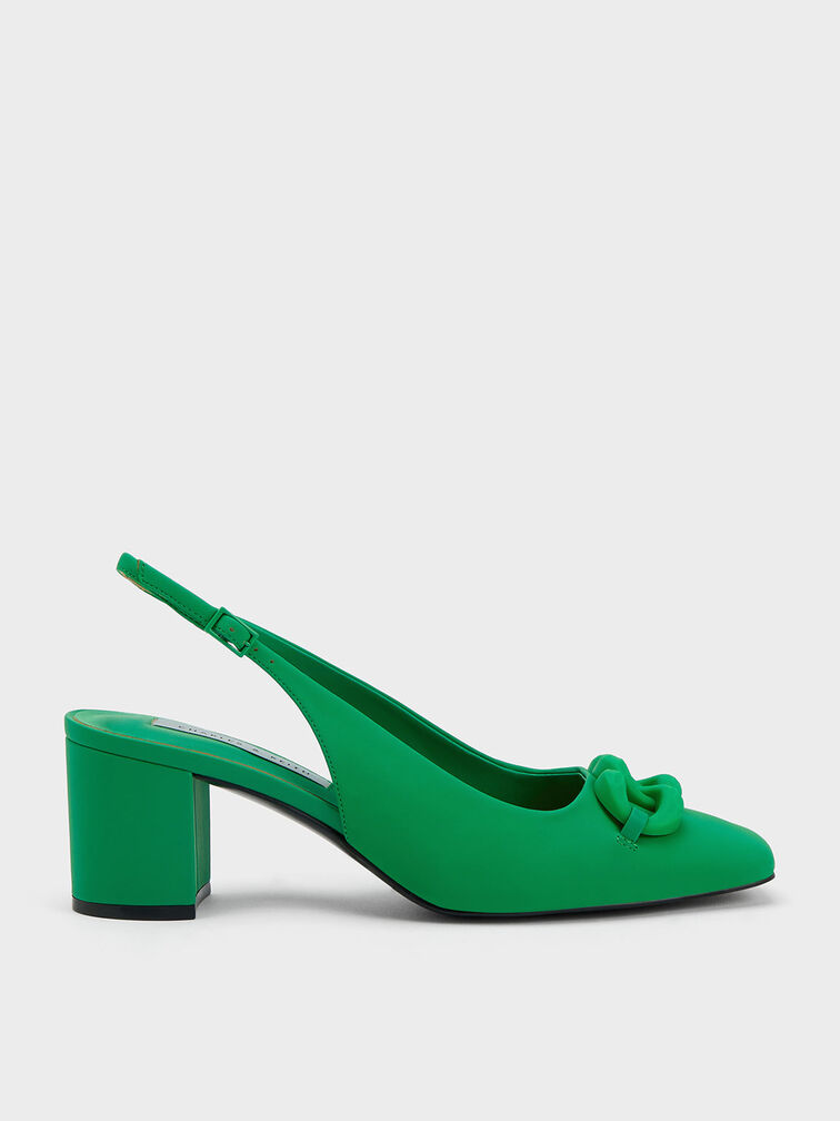 Chunky Chain-Link Slingback Pumps, Green, hi-res