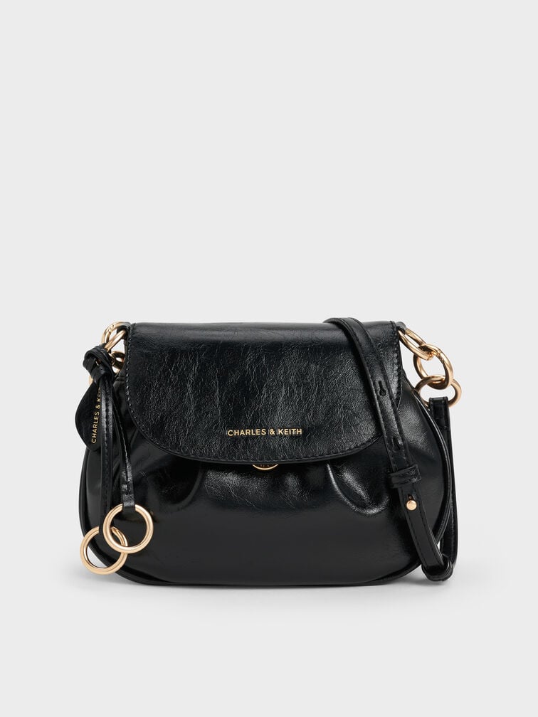 Britton Crinkle-Effect Ruched Saddle Bag, Black, hi-res