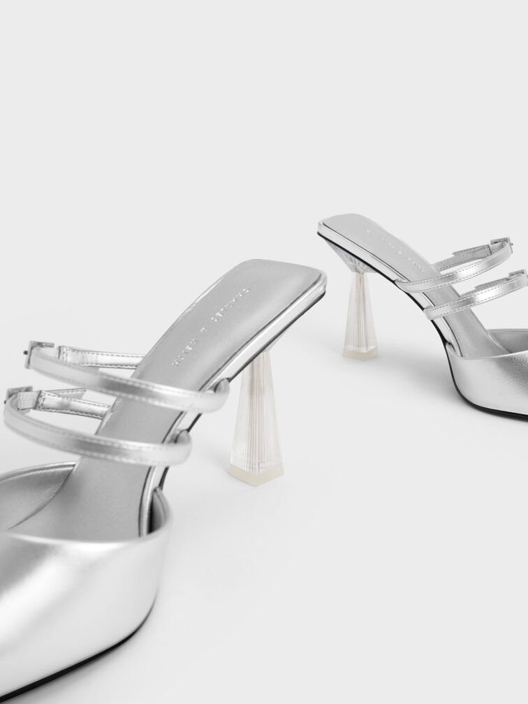 Metallic Strappy Slant Heel Mules, Silver, hi-res