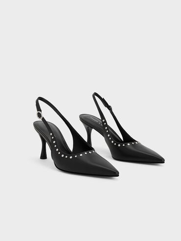 Studded Pointed-Toe Slingback Pumps, Black, hi-res