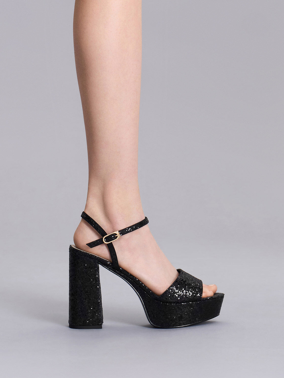 Black chunky heels open toe sales glitter platform ankle strap sandals