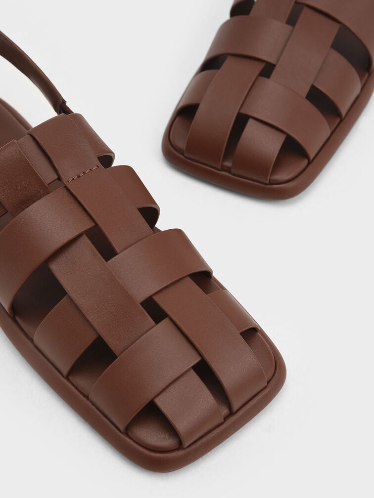 Metallic Buckle Caged Slingback Sandals, Brown, hi-res