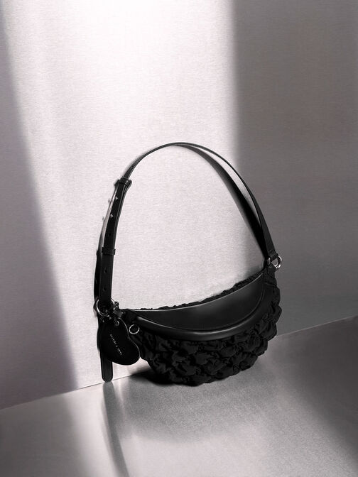 Ruched Nylon Bum Bag, Black, hi-res