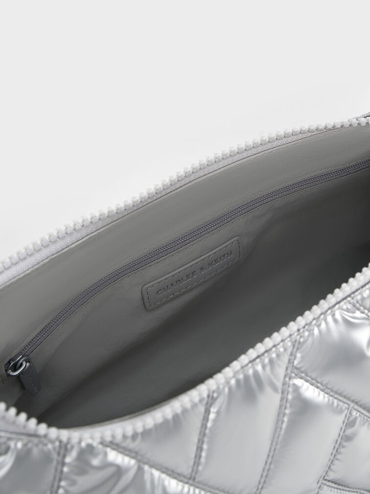 Nylon Chevron Shoulder Bag, Silver, hi-res