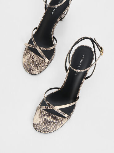 Snake-Print Crossover-Strap Heeled Sandals, Animal Print Natural, hi-res