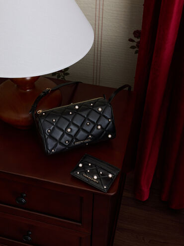 Janie Pearl-Embellished Quilted Card Holder, Black, hi-res