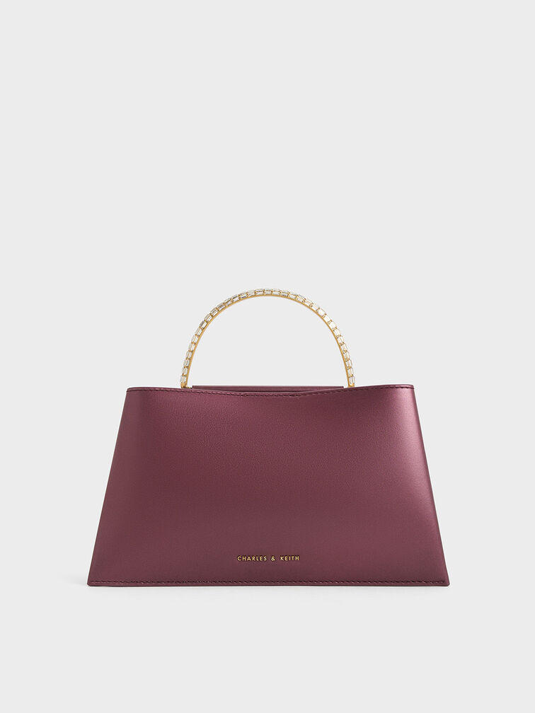 Leather Gem-Embellished Top Handle Bag, Prune, hi-res