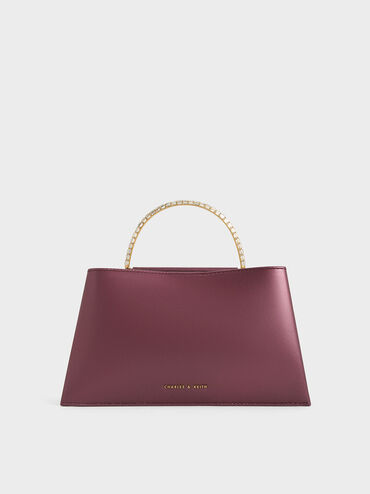 Leather Gem-Embellished Top Handle Bag, Prune, hi-res