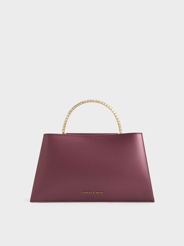 Leather Gem-Embellished Top Handle Bag, Prune, hi-res