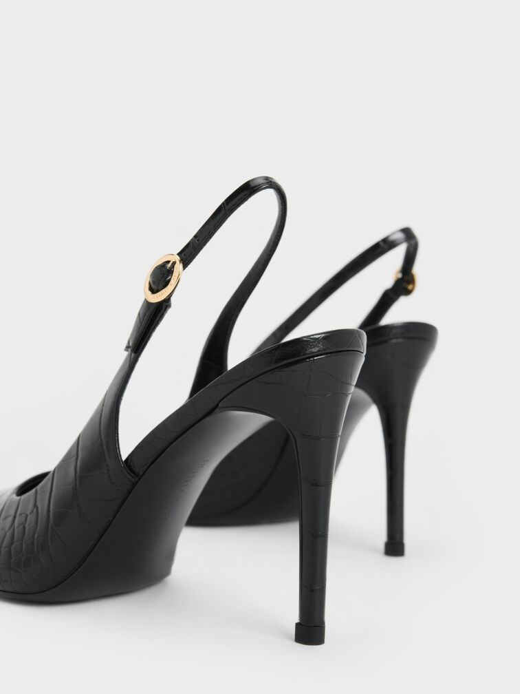 Croc-Embossed Stiletto Heel Slingback Pumps, Animal Print Black, hi-res