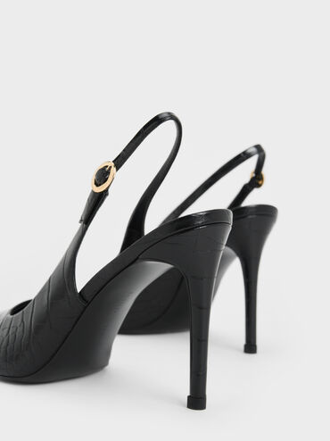 Croc-Embossed Stiletto Heel Slingback Pumps, Animal Print Black, hi-res