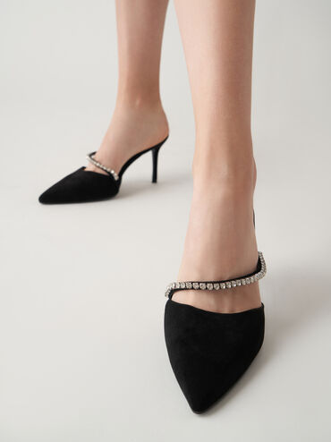 Gem-Encrusted Textured Stiletto Mules, Black, hi-res