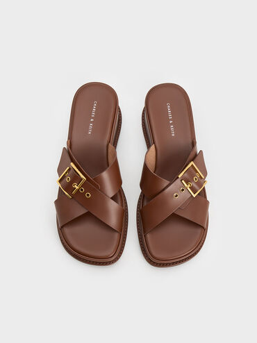 Buckled Crossover Platform Sandals, Cognac, hi-res