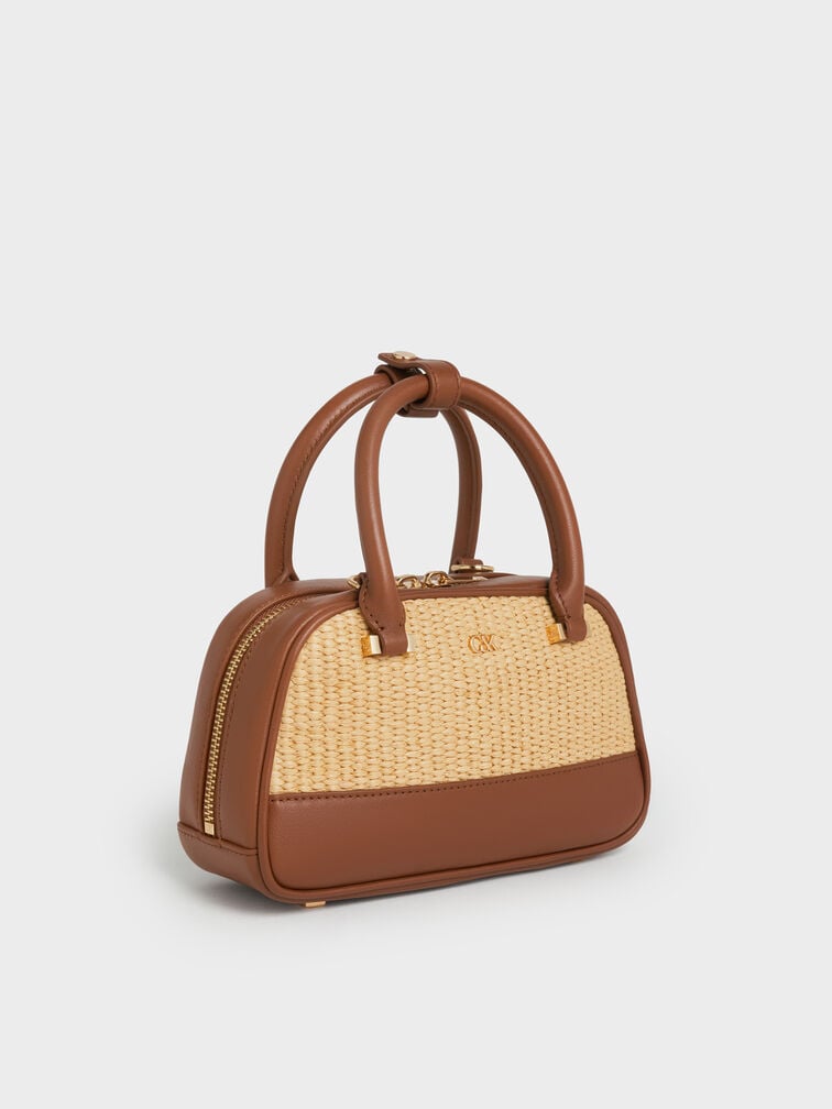 Leather & Raffia Bowling Bag, Neutral Raffia, hi-res