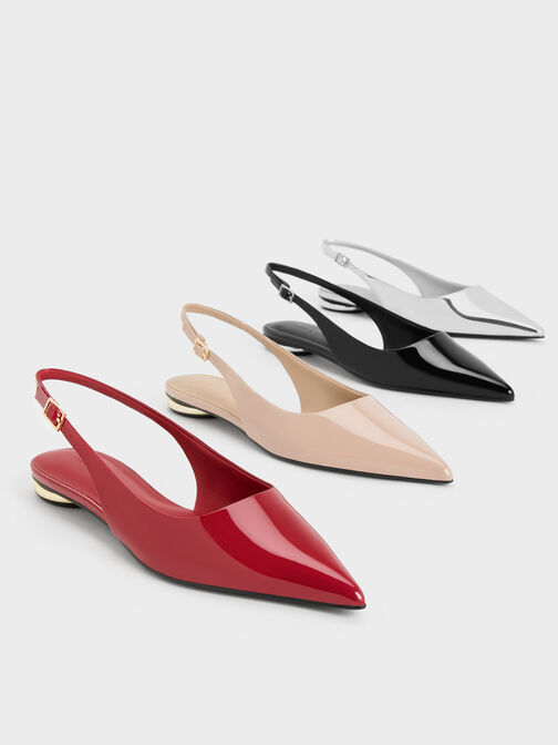 Patent Pointed-Toe Slingback Flats, Red, hi-res