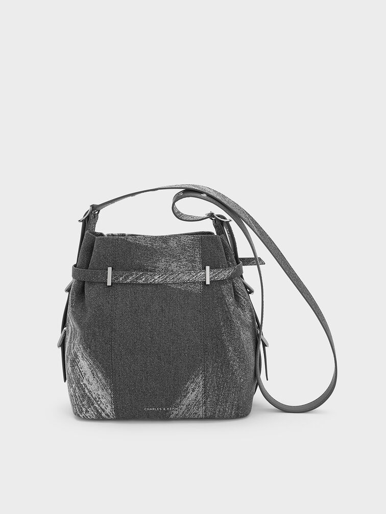 Bryna Brushed Denim Belted Bucket Bag, Silver Brushed Denim, hi-res